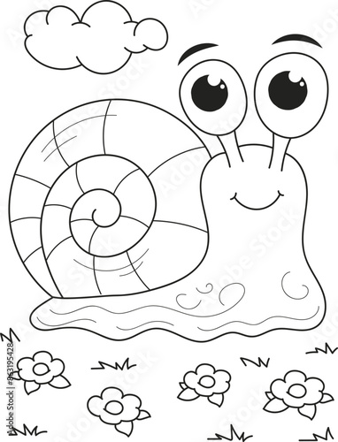 Coloring page outline of the cartoon smiling cute snail. Colorful vector illustration, summer coloring book for kids.