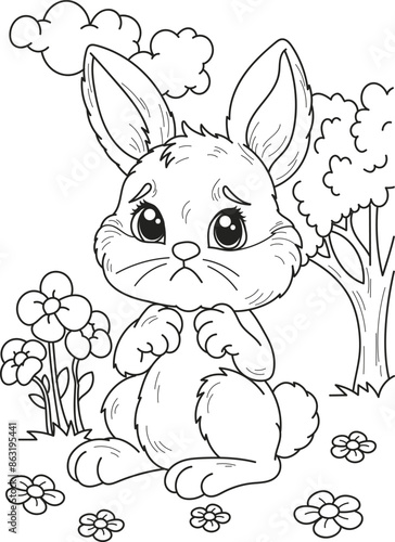 Coloring page outline of the cartoon cute sad little hare. Colorful vector illustration, summer coloring book for kids.