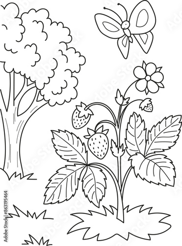Coloring page outline of cartoon strawberries in the forest. Colorful vector illustration, summer coloring book for kids.