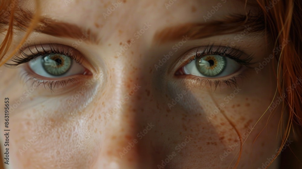 Portrait of a woman's face, focusing on her eyes and freckles Portrait of a woman's face, focusing on her eyes and freckles