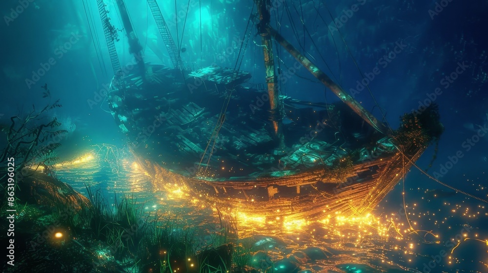 Sunken Wreck in Glowing Enchanted Underwater Seascape