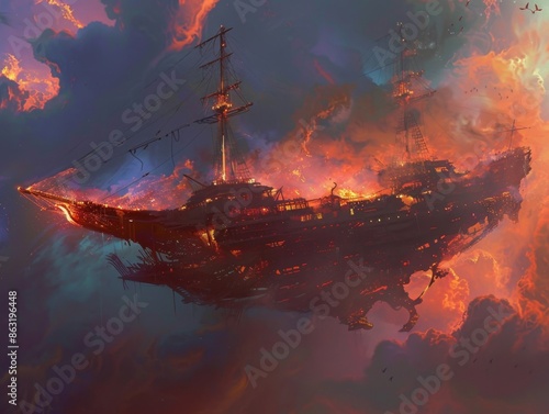 Wrecked Ship Floating Magically in the Ethereal Sky