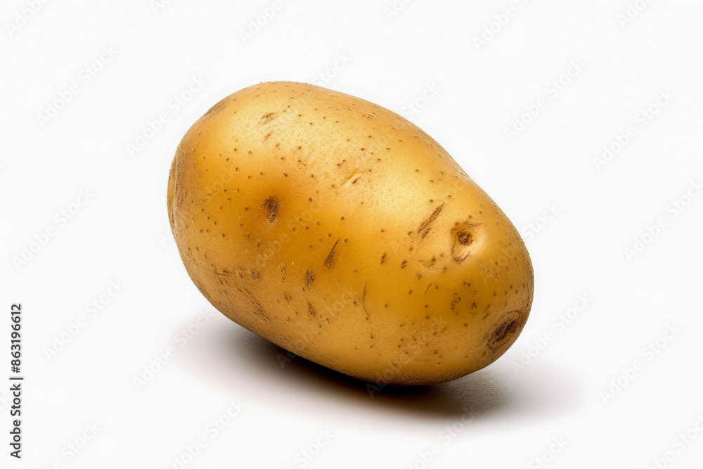 A large yellow potato sits on a white background. The potatoes are unpeeled and look fresh. A large yellow potato sits on a white background. The potatoes are unpeeled and look fresh.