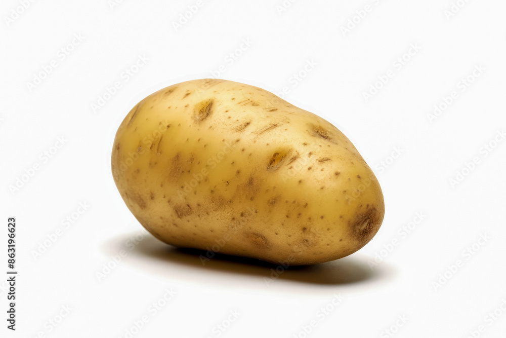A large yellow potato sits on a white background. The potatoes are unpeeled and look fresh. A large yellow potato sits on a white background. The potatoes are unpeeled and look fresh.