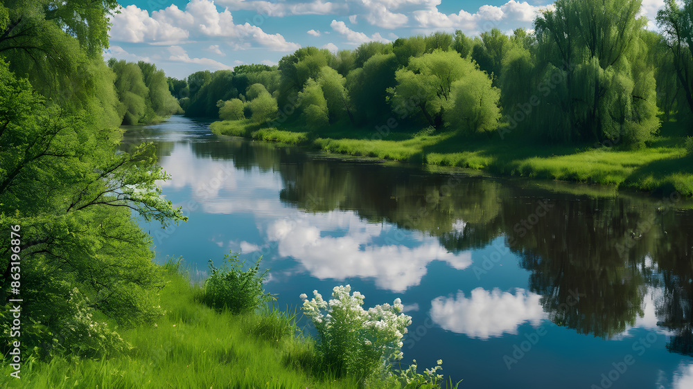 Spring landscape river clouds blue sky green trees. Spring landscape, green trees and clouds on the blue sky Spring landscape river clouds blue sky green trees. Spring landscape, green trees and clouds on the blue sky