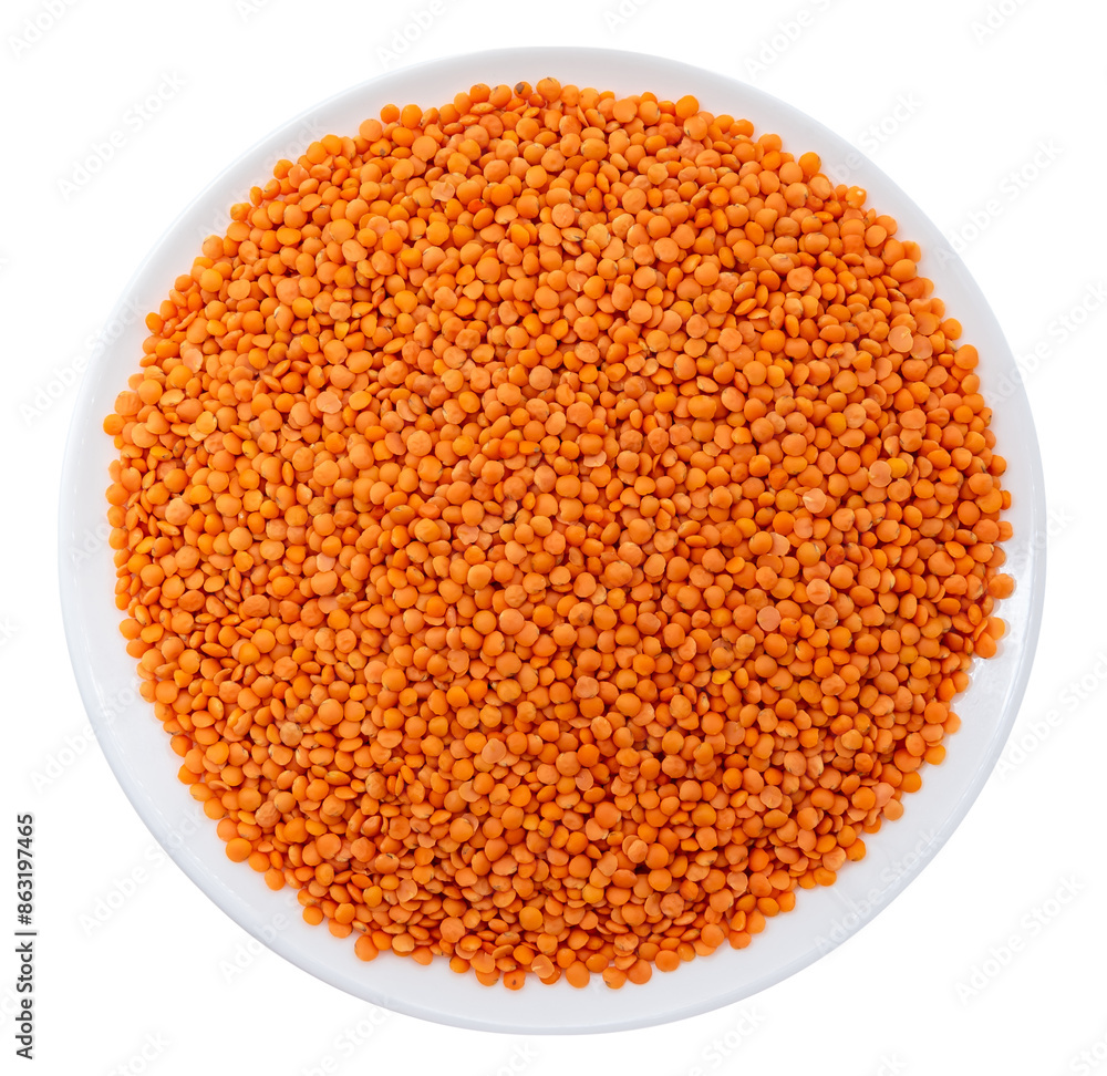 Plate with dry beans or lentils on a white background. Lentil grain isolate Plate with dry beans or lentils on a white background. Lentil grain isolate
