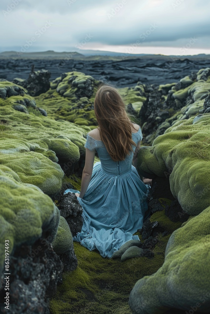 Naklejka premium A woman sits in a field of moss wearing a blue dress, great for use in nature or garden themed projects