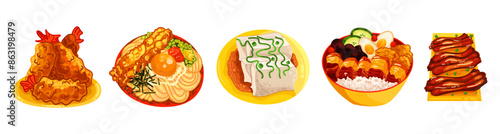 Chinese food set menu isolated on white background illustration vector. (Spring Rolls, Dim Sum, Wonton, Chow Mein, Sweet and Sour Chicken, Peking Duck).