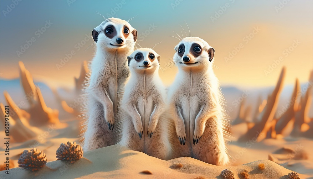 A family of meerkats, standing upright and alert on a sandy mound, with their sharp eyes and whiskers in detailed focus against a soft, plain background that emphasizes their watchful stance. A family of meerkats, standing upright and alert on a sandy mound, with their sharp eyes and whiskers in detailed focus against a soft, plain background that emphasizes their watchful stance.
