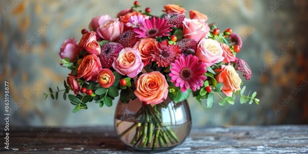 Vibrant pink, red, and orange flowers in a glass vase on wooden table Vibrant pink, red, and orange flowers in a glass vase on wooden table