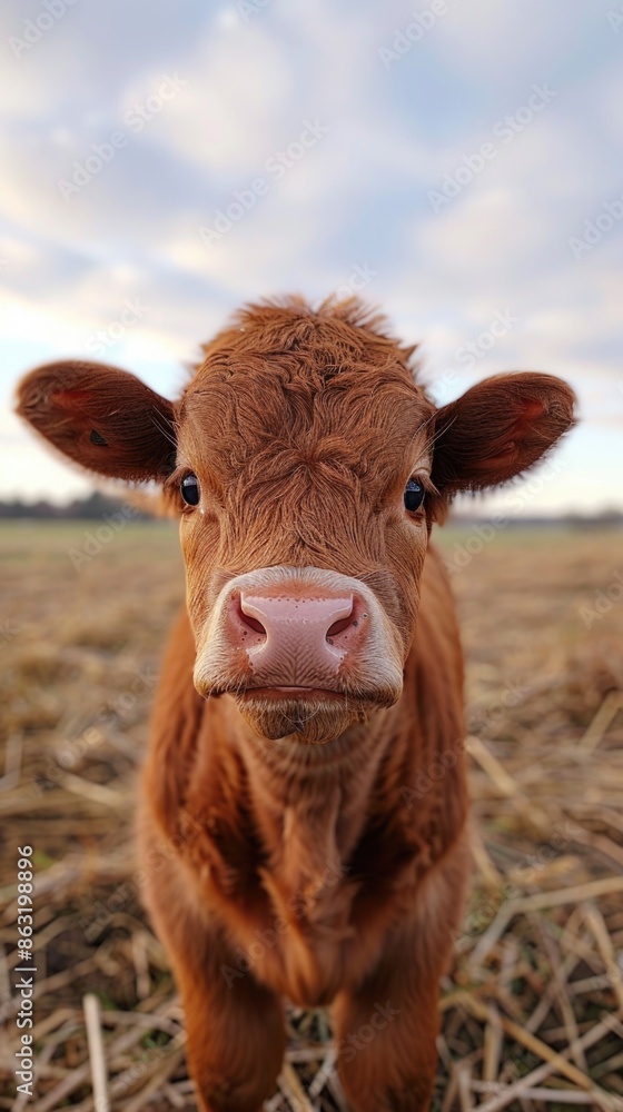 Adorable Baby Cow Standing in Rural Field at Sunset Adorable Baby Cow Standing in Rural Field at Sunset