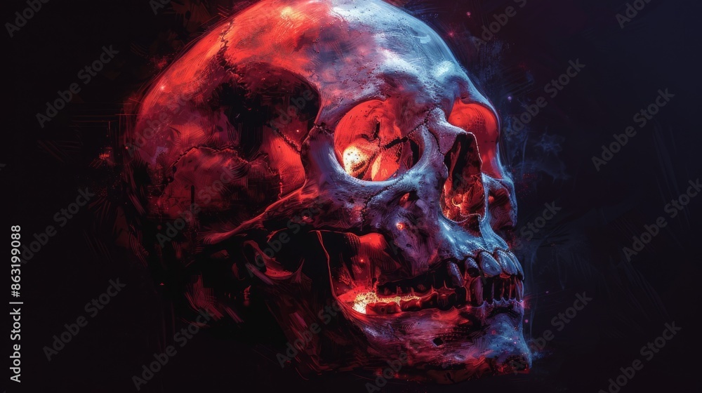 Digital Red and Blue Skull Art with Neon Effects in Dark Background Digital Red and Blue Skull Art with Neon Effects in Dark Background