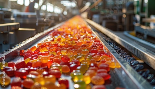 Vibrant Gelatin Candy Production on Industrial Conveyor Belt in Factory photo