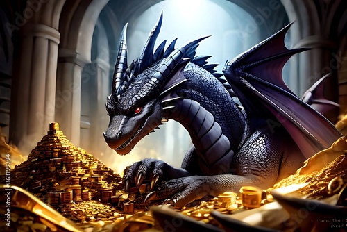 An ancient dragon guarding atop a hoard of treasure.