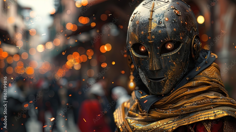A person in a costume with a mask on their face stands in front of a crowd A person in a costume with a mask on their face stands in front of a crowd