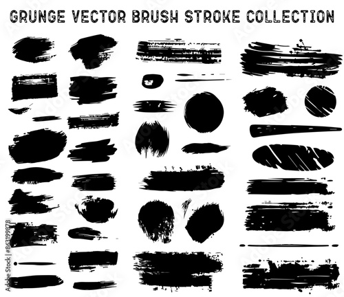 Grunge artistic ink brush strokes vector set. Creative design elements. Black paint, ink brush strokes, paintbrushes, lines, waves, backgrounds. Dirty box, frame or badges for text with ink texture.