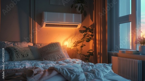 Cozy Bedroom with Air Conditioner and Soft Lighting for Serene Comfort and Relaxation