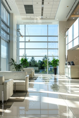 Modern Office Lobby with Air Conditioning, Reception Desk, and Comfortable Seating for Welcoming Visitors