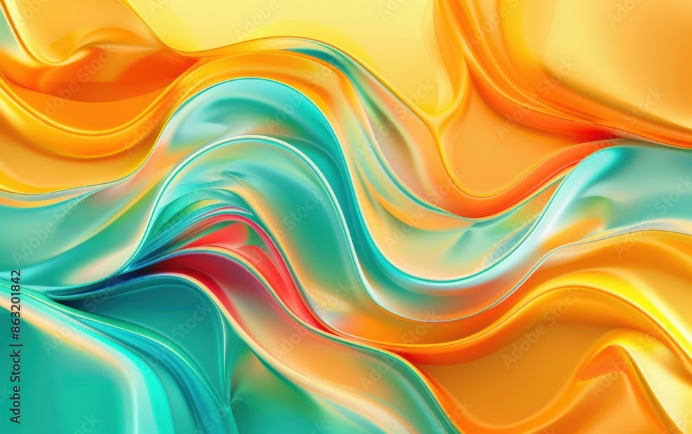 Abstract summer 3D background with vibrant, swirling colors of turquoise, yellow, and coral, creating dynamic waves and fluid shapes Abstract summer 3D background with vibrant, swirling colors of turquoise, yellow, and coral, creating dynamic waves and fluid shapes