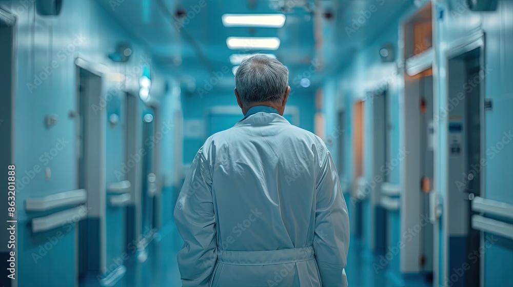 A man in a white lab coat walks down a hallway