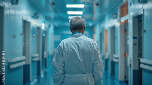 A man in a white lab coat walks down a hallway