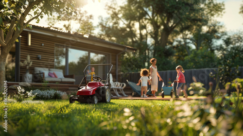 Cheerful Family Gathering in Sunny Backyard with Safely Stored Lawn Equipment