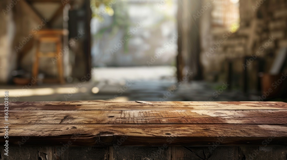 Fototapeta premium Antique wooden table and wall with blurred background