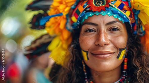 A woman in bright clothes and beaded necklaces smiles at the camera, radiating joy and vibrant energy.