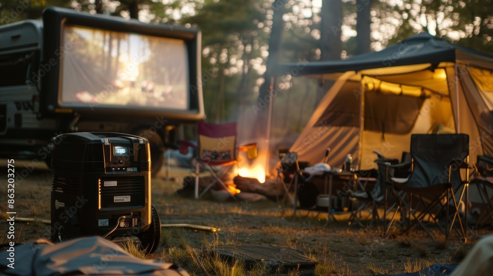 Fototapeta premium Outdoor Movie Night at Campsite with Gasoline Generator Powering Projector and Screen