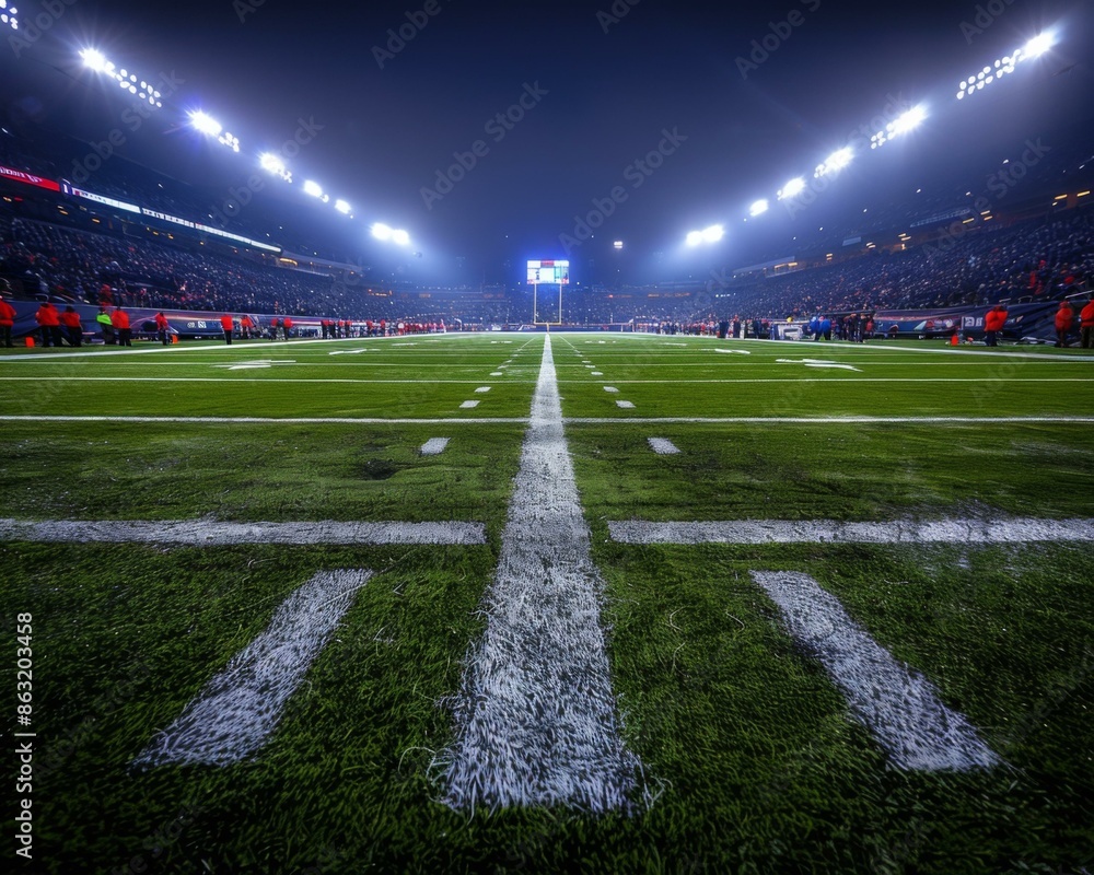 A football field lit up at night with a lot of people watching. AI. A football field lit up at night with a lot of people watching. AI.