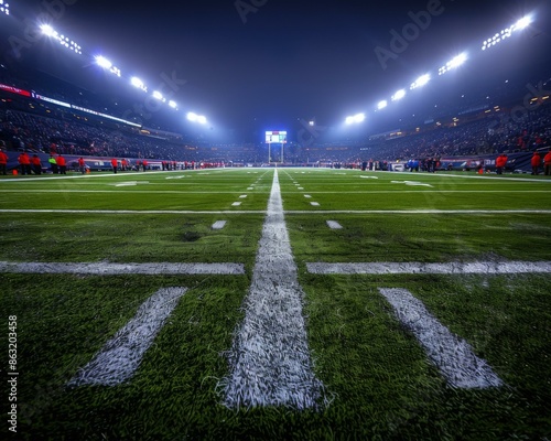A football field lit up at night with a lot of people watching. AI.
