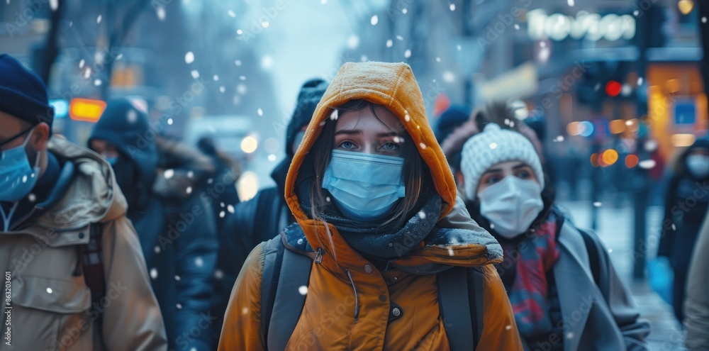 A woman wearing a yellow coat and a mask is walking down a snowy street. She is surrounded by other people who are also wearing masks A woman wearing a yellow coat and a mask is walking down a snowy street. She is surrounded by other people who are also wearing masks
