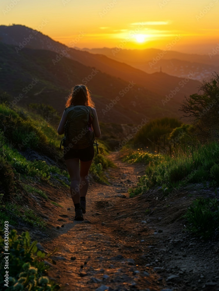 Fototapeta premium A woman with a backpack hiking up the side of a mountain. AI.