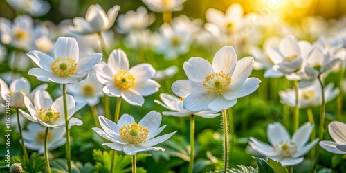 Delicate Anemone sylvestris flowers bloom in the garden, nestled in a lush green flowerbed, showcasing their pure white petals against a soft natural background.