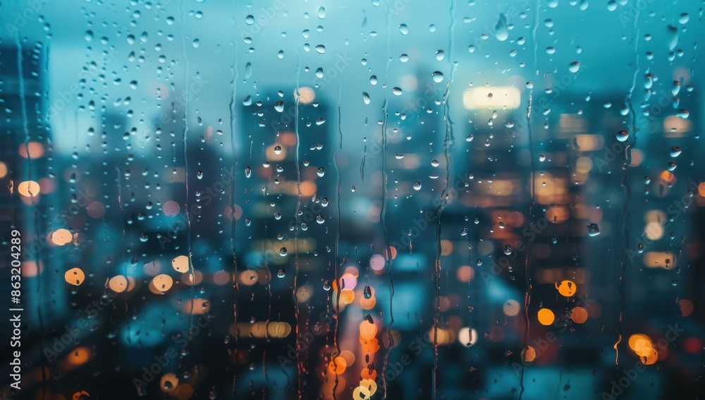A city skyline is seen through a rain soaked window. AI. A city skyline is seen through a rain soaked window. AI.