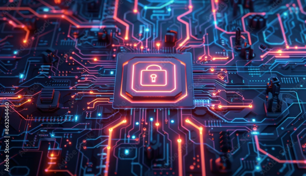 A circuit board with a padlock on it. AI. A circuit board with a padlock on it. AI.