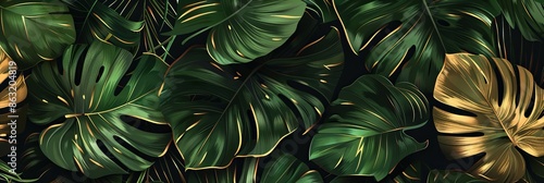Elegant Vector Green Nature Background. Vector illustration of a floral pattern featuring a golden split-leaf philodendron plant paired with a monstera plant. photo