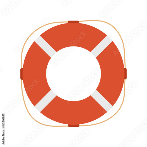 Red lifebuoy with white stripes and rope. Life preserver, protection and rescue equipment. Vector flat illustration isolated on white background