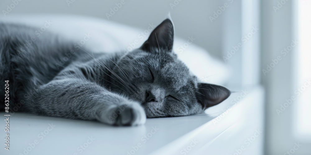 Fototapeta premium Gray cat sleeping on window sill