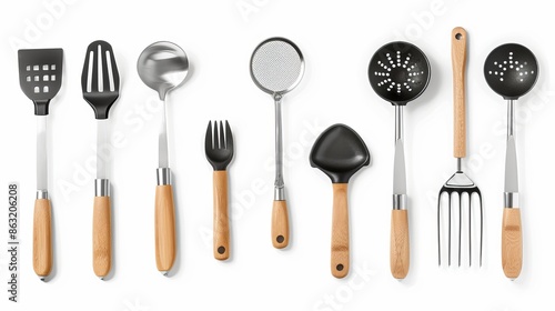 An isolated set of wooden-handled kitchen utensils against a white background