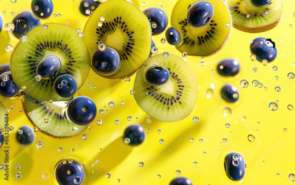 Dynamic composition of levitating kiwi slices and blueberries on a solid yellow background Dynamic composition of levitating kiwi slices and blueberries on a solid yellow background