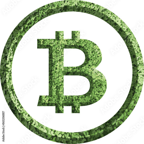 bitcoin sign icon, digital or electronic currency symbol design with green grass leaves motive, go green concept.