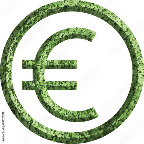 euro sign icon, euro currency symbol design with green grass leaves motive, go green concept.