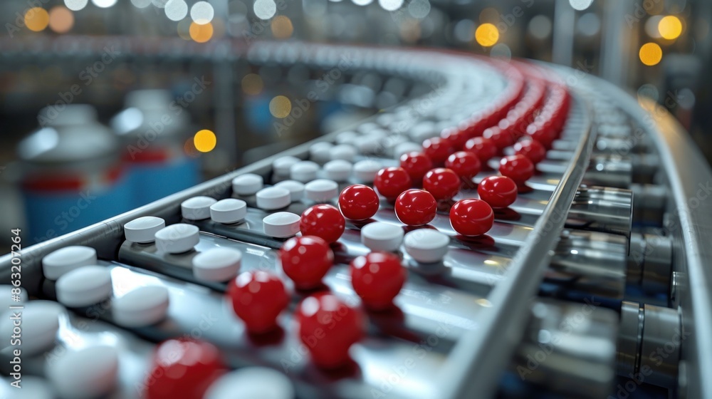 Fototapeta premium A conveyor belt with red and white pills on it
