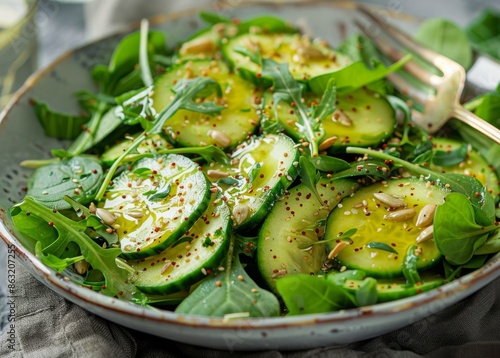 Fresh Cucumber and Avocado Salad With Sesame Seeds and Greens