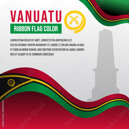 Vanuatu ribbon flag with Efate Port Vila War Memorial silhouette and decoration