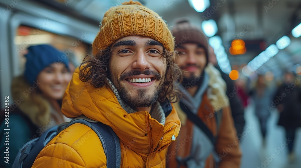Man Smiling In Yellow Jacket While Waiting For Train In Subway Station Man Smiling In Yellow Jacket While Waiting For Train In Subway Station