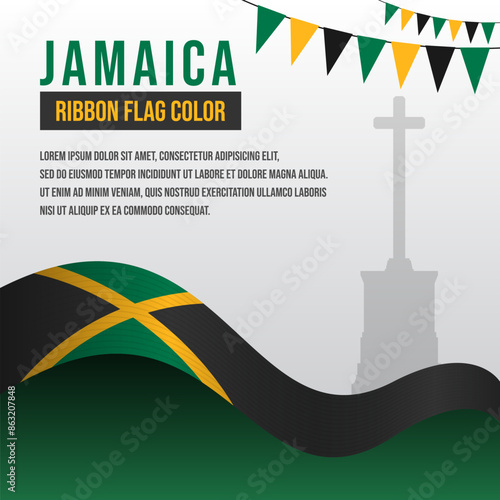 Jamaica ribbon flag with The Jamaica War memorial silhouette and decoration