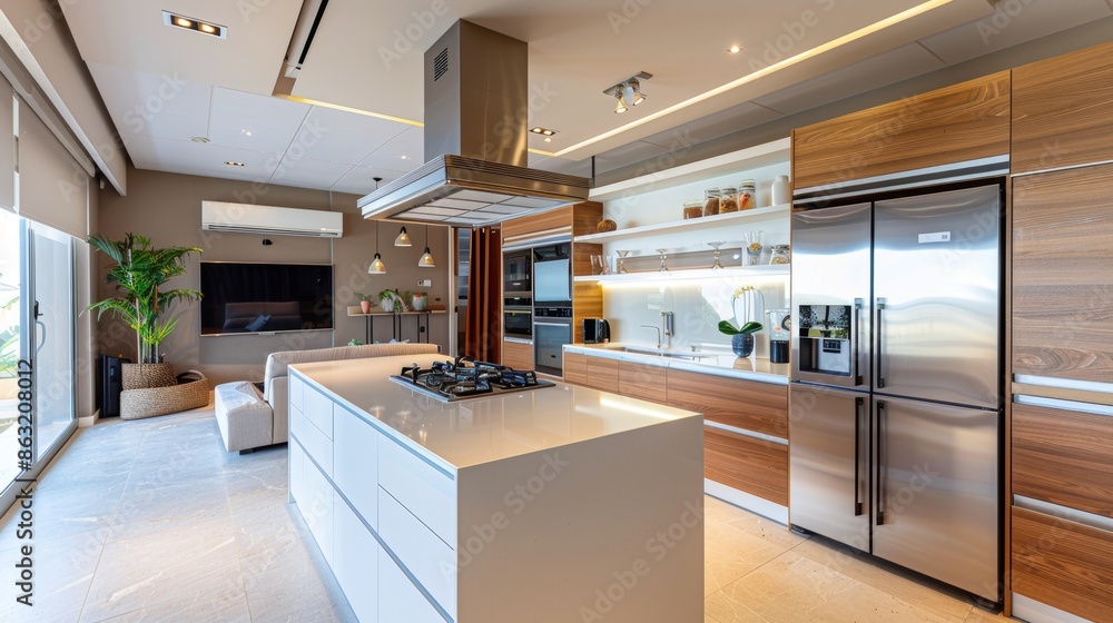 Modern Kitchen with Efficient Air Conditioning, Sleek Appliances, Large Island, and Stylish Cabinetry Design Modern Kitchen with Efficient Air Conditioning, Sleek Appliances, Large Island, and Stylish Cabinetry Design