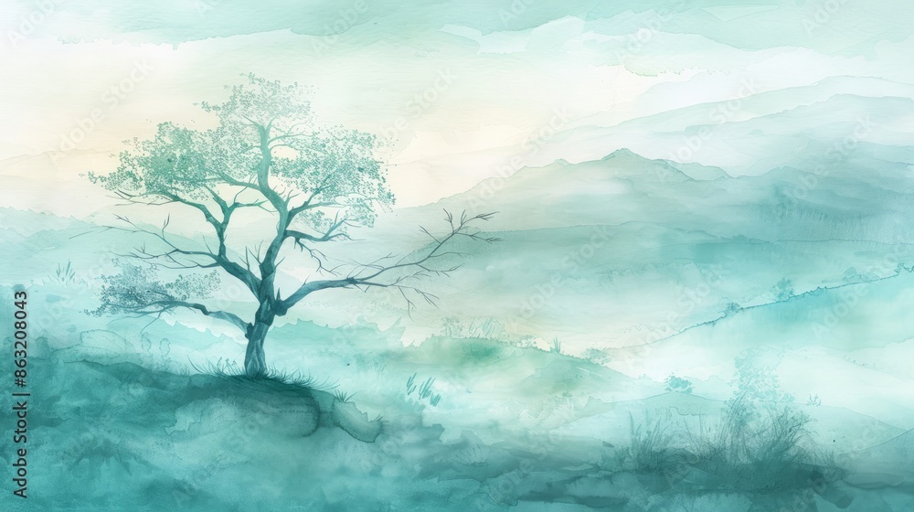 Capture a serene, mystical landscape with a lone, majestic tree reaching towards the sky, Capture a serene, mystical landscape with a lone, majestic tree reaching towards the sky,